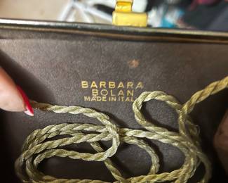 $150, Vintage Barbara Bolan Made in Italy Gold Metallic Hard Case Evening Clutch with Rope Strap 1960s/1970s Style Purse Bag