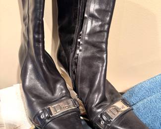 Christian Dior Black Leather Tall Boots with Logo Hardware