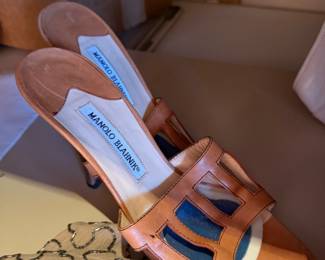 Manolo Blahnik Tan Leather Cutout Heeled Mules