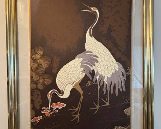 $550, Cranes -Japanese Wall Art Framed Silk Textile Panel Asian Decor Gold Frame Artwork