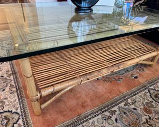 $450, Coffee Table Bamboo and Glass with Two Tier Rattan Shelf Tropical Coastal Style