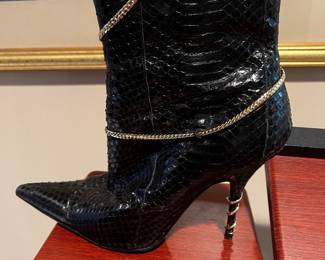 $550, Alexandra Neel Black Python Snakeskin Ankle Boots Gold Chain Stiletto Heels Designer Pointed Toe Booties Made In Italy