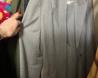 Grey Pinstripe Wool Blend Power Blazer with Shoulder Pads