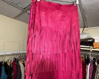 Pink Suede Tiered Fringe Midi Skirt