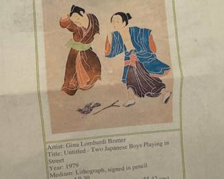 $750, Gina Lombardi Bratter “Two Japanese Boys Playing in Street” Signed Lithograph Framed Art Print