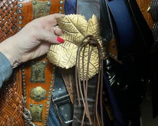 Gold Tone Leaf Buckle Leather Statement Belt