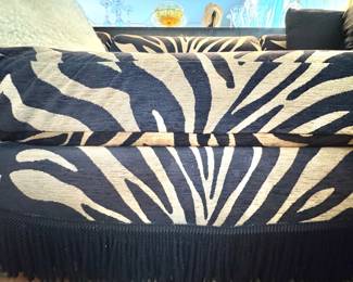 $2500, Zebra Print Sectional Sofa with Fringe Skirt and Animal Pattern Upholstery