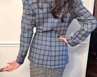 Blue and Grey Windowpane Plaid Wool Blazer