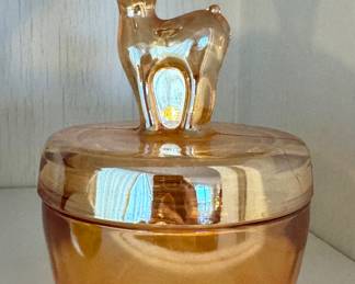 Peach Iridescent Glass Lidded Jar with Deer Finial