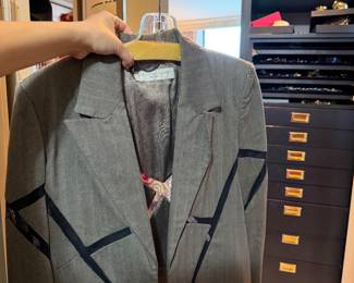 Grey Wool Blazer with Black Geometric Ribbon Trim