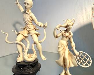 Carved Resin Asian Figurines with Octopus and Net
