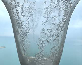Etched Floral Glass Trumpet Vase with Rose Pattern
