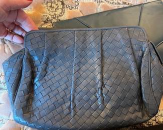 Gray Woven Leather Intrecciato Style Clutch Bag