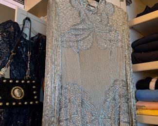 Beaded Silver Sequin Evening Gown with Fringe