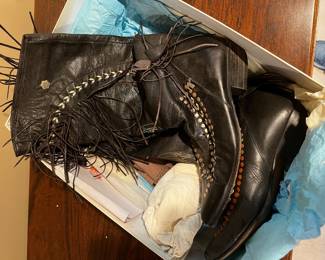 $300, Black Spanish Leather Fringe Studded Western Knee High Boots Size 39