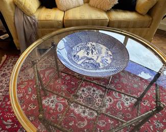 $1000, Coffee Table Large Brass and Glass Round  with Faux Bamboo Base and Decorative Center Shelf