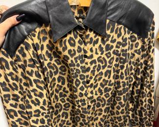Leopard Print Blouse with Leather Shoulder Panels