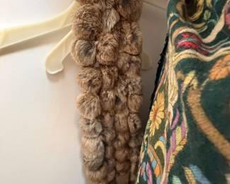 Faux Fur Pom-Pom Scarf and Floral Motif Garment