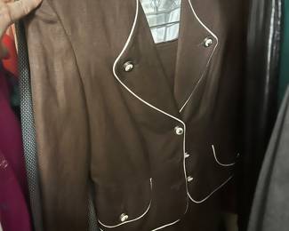 Brown Tailored Jacket with White Piping and Ornate Buttons
