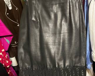 Black Leather Pencil Skirt with Scalloped Lace Trim