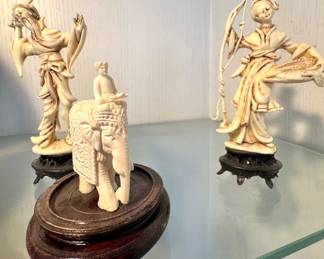 Carved Resin Asian Figurines with Elephant and Bases