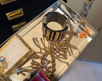 Gold-Tone Branch Necklace and Black Stretch Cuff Bracelet