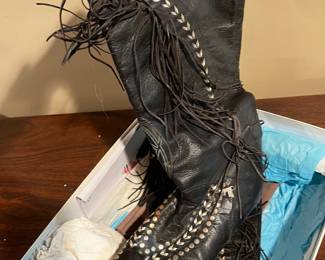 $300 Black Leather Fringe Studded Western Boots