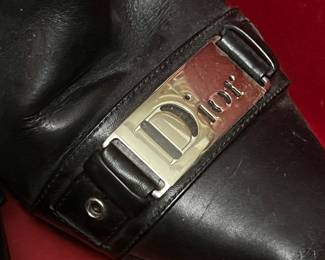 $850, Christian Dior Black Leather Pointed Toe Logo Plate Knee High Boots Designer Heeled Boots Made In Italy