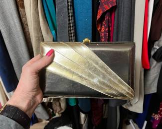 $150, Vintage Barbara Bolan Made in Italy Gold Metallic Hard Case Evening Clutch with Rope Strap 1960s/1970s Style Purse Bag