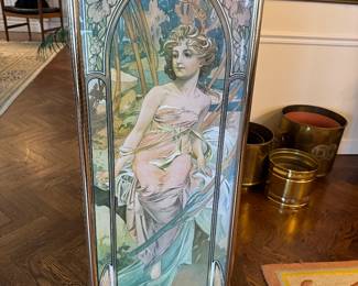 Polished Metal Framed Art Nouveau Style Lithograph