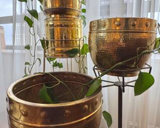 Hammered Brass Studded Planters with Iron Stands
