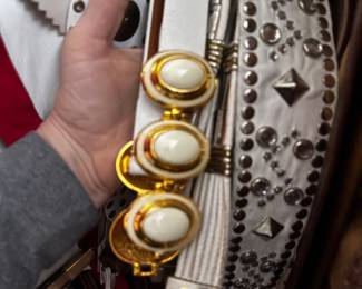White Leather Belt with Faux Cabochons and Studded Details