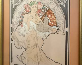 $650, Alphonse Mucha Style Art Nouveau Woman Framed Decorative Print Pink Matte Gold Frame Wall Art