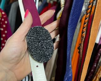 Beaded Oval Buckle Two-Tone Leather Belt