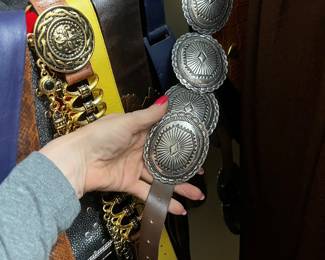 Silver Tone Scalloped Concho Belt on Brown Leather