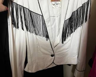 White Leather Western Fringe Jacket with Black Piping