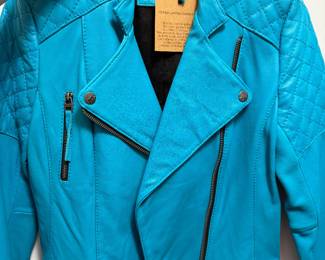 Teal Quilted Shoulder Leather Motorcycle Jacket