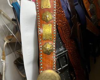 Tooled Leather Western Belt with Brass and Turquoise Accents