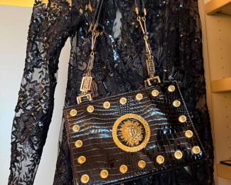 Black Croc-Embossed Leather Medusa Sun Studded Handbag