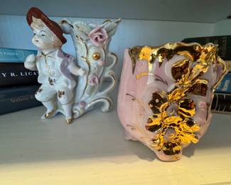 Porcelain Boy Figurine Bud Vase and Pink Gilt Planter