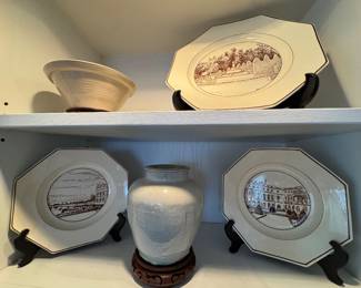 Octagonal Sepia Transferware Plates and Ceramic Vessels
