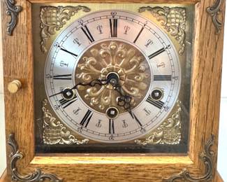 $450, Mantel Clock German Black Forest Westminster Chime Oak Bracket Mantel Clock with Triple Chime Movement