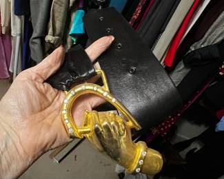 Black Leather Statement Belt with Gilt Hand Buckle