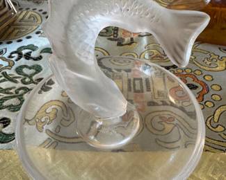Frosted Glass Leaping Fish on Circular Base