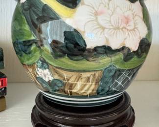 Chinoiserie Ceramic Fishbowl Planter on Rosewood Stand