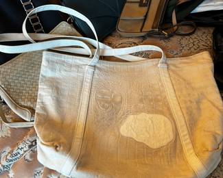 $100, Carlos Falchi White Croc Embossed Large Tote Bag Oversized Shoulder Handbag Leather Purse