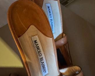$600, Manolo Blahnik Brown Leather Slide Sandals Heels Shoes