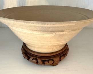 $75,Pottery Stoneware Signed Bowl with Wooden Stand Handmade Ceramic Centerpiece
