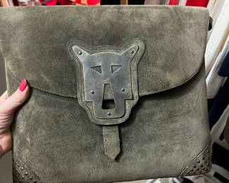 $300, Charles Jourdan Paris suede leather clutch handbag with panther face hardware and studded corners made in Spain