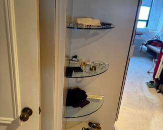 Curved Glass and Wood Floating Wall Shelving Unit